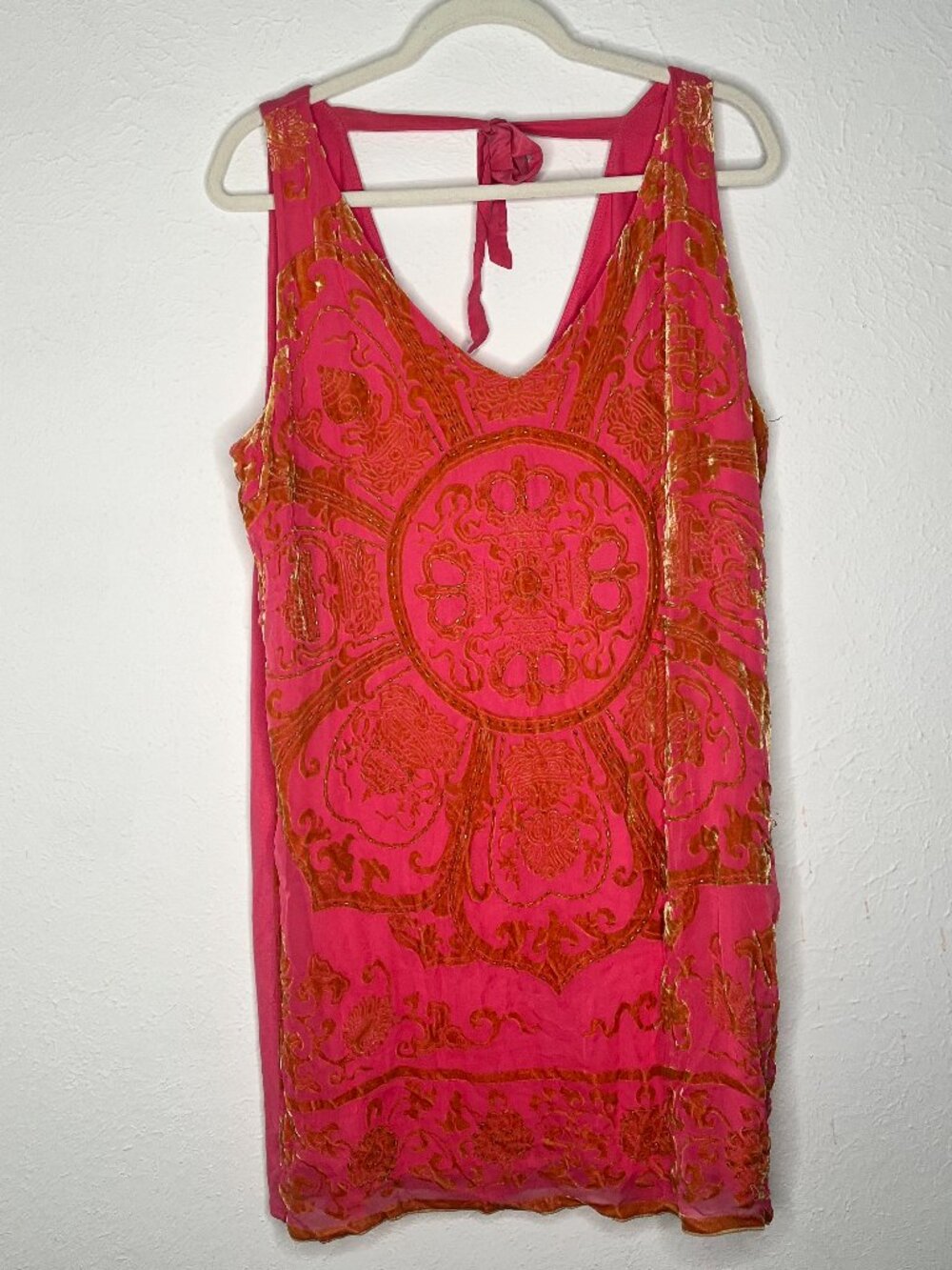 Women's Hale Bob Pink and Orange Silk Beaded Boho Shift Dress Size Large